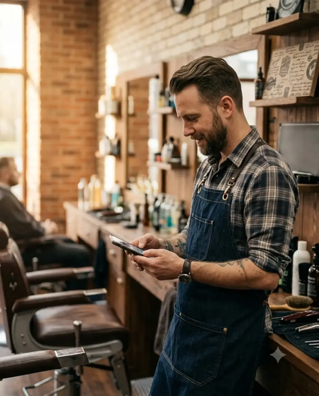 Dueño de una barbería atendiendo a un cliente desde el móvil