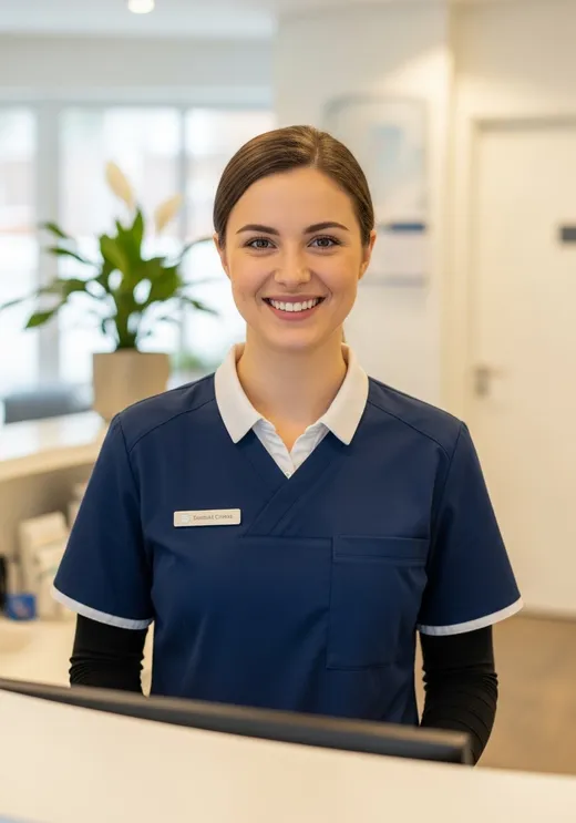 Recepcionista sonriendo en la recepción de una clínica dental moderna