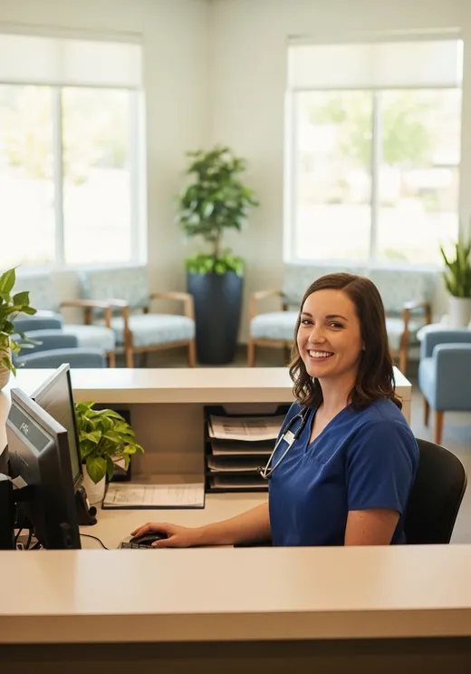 Recepcionista sonriendo en la recepción de un consultorio médico moderno