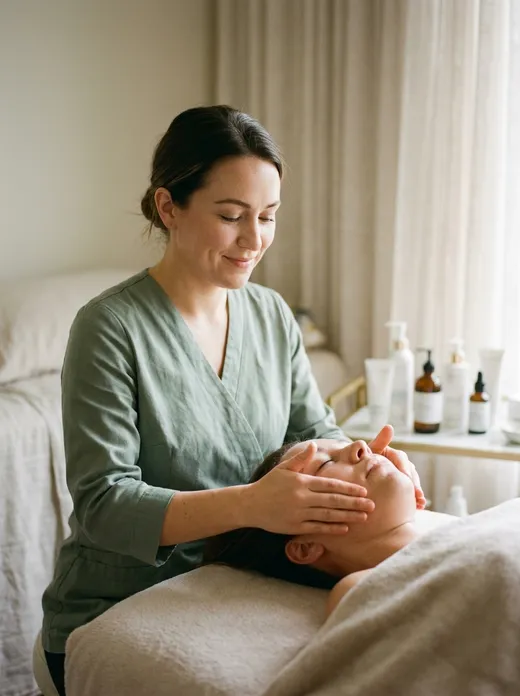 Esteticista de smock verde le hace un tratamiento facial a una clienta relajada, recostada en la camilla
