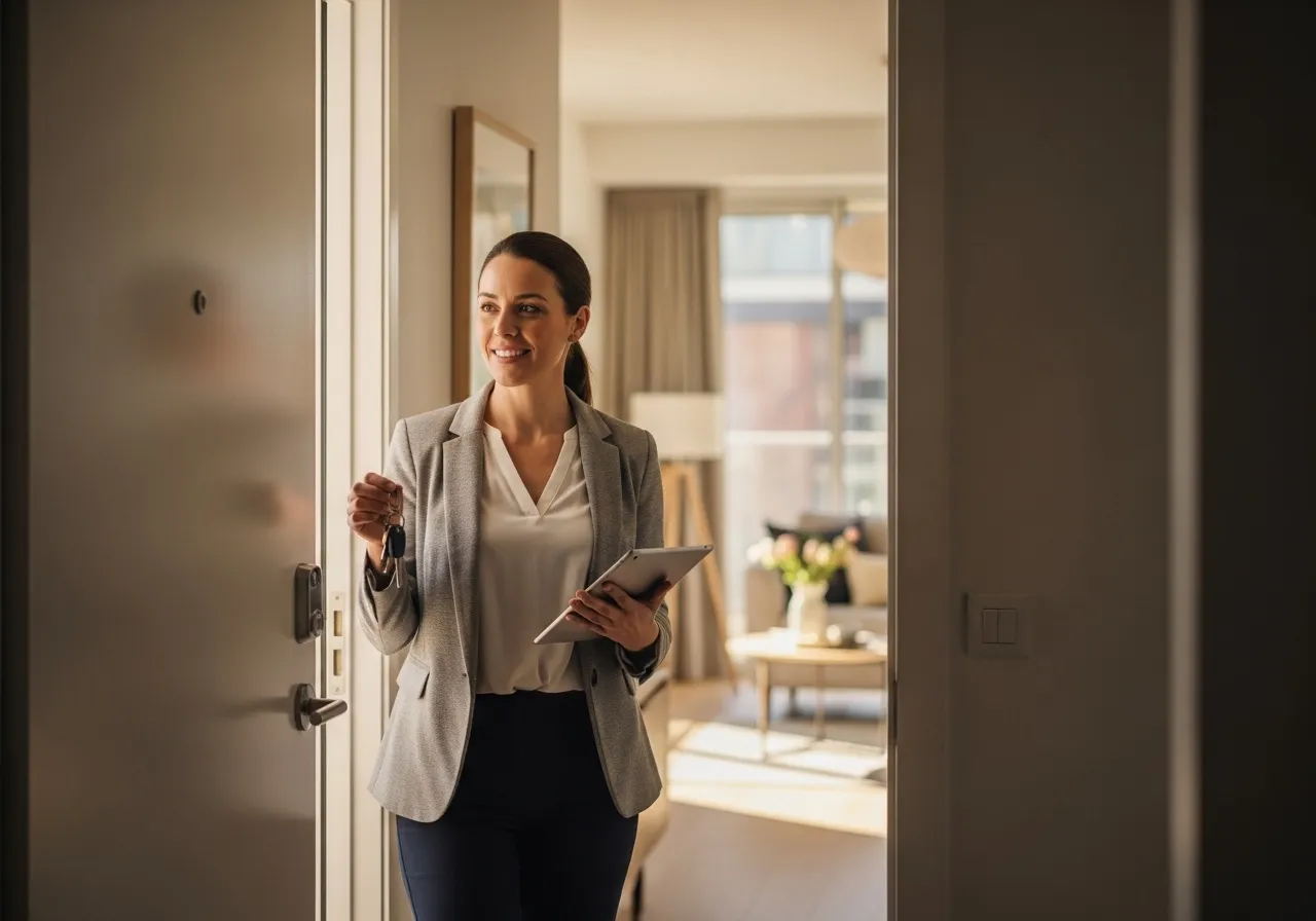 Agente inmobiliaria con llaves y tablet en la puerta de un piso