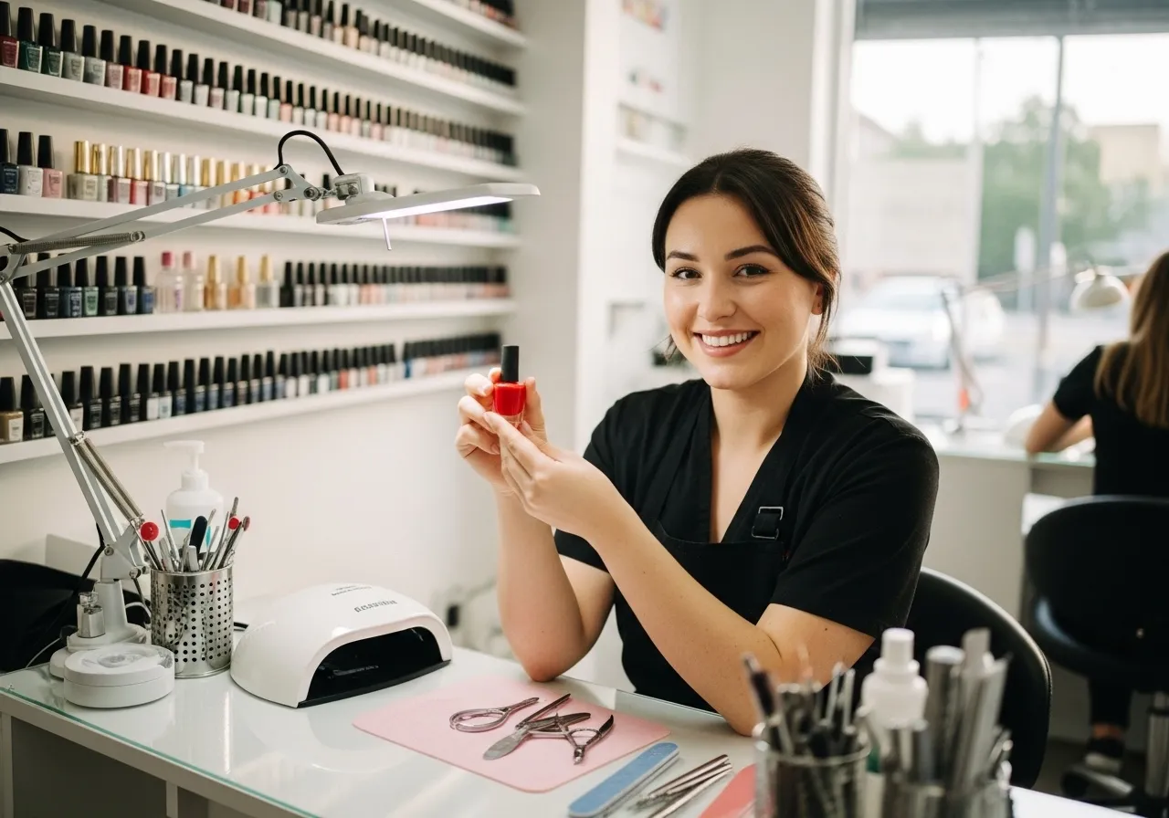 Manicurista especialista sonriendo con un esmalte en su estación del salón