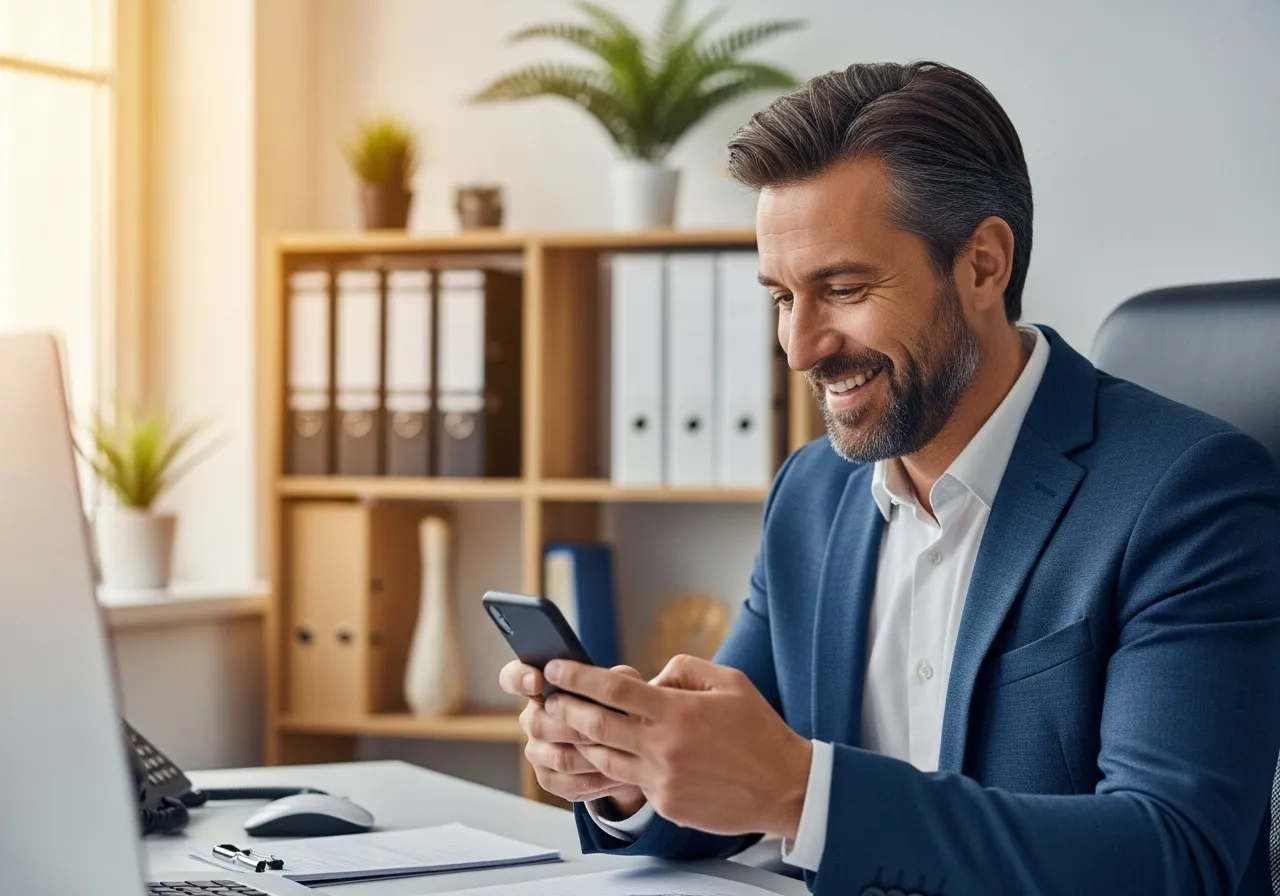Profesional sonriendo mientras revisa en el móvil la confirmación de una cita