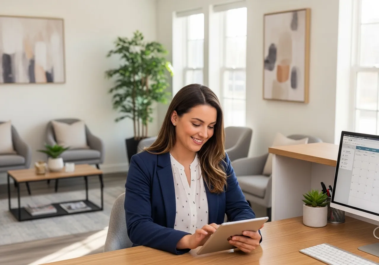 Recepcionista de una clínica dental mirando una tablet en el mostrador