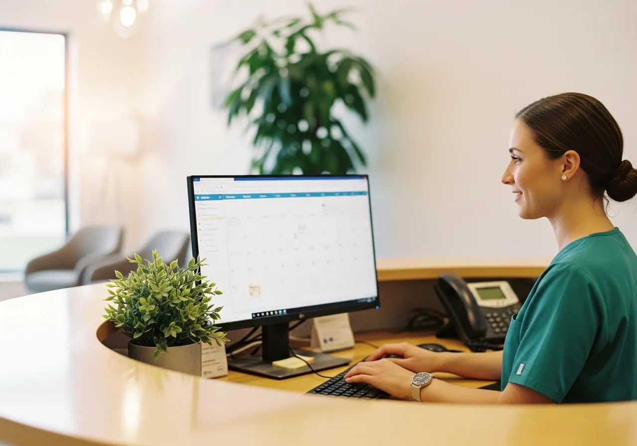 Recepcionista de una clínica dental organizando citas en la ordenador