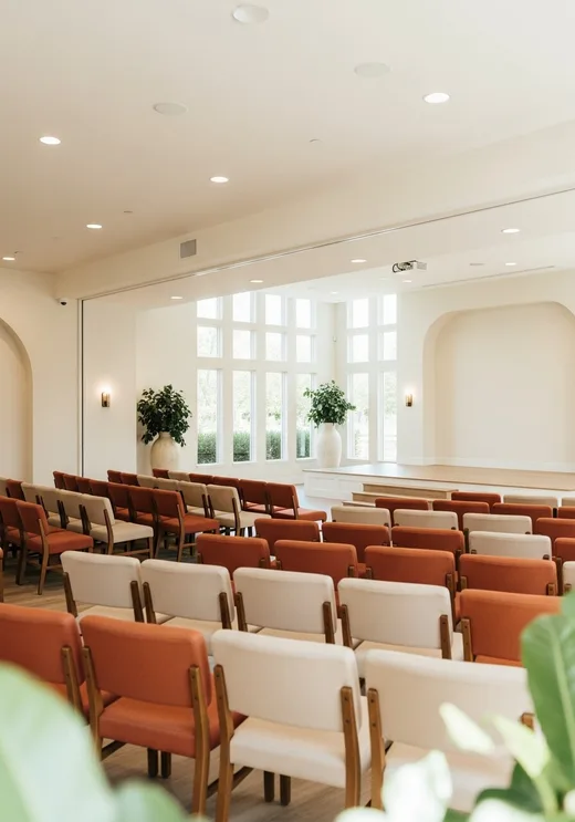 Salón de encuentro comunitario cálido y luminoso, con filas de sillas frente a un pequeño escenario