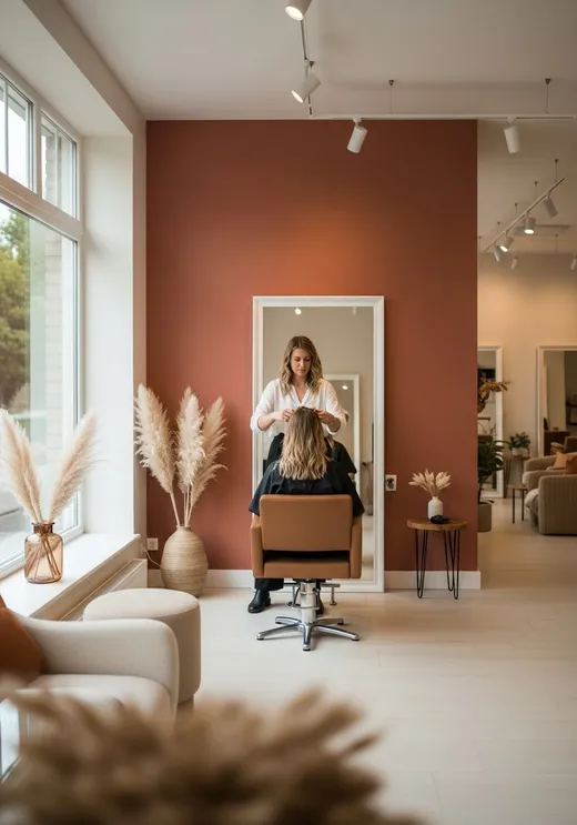 Peluquera le trabaja el pelo a una clienta frente al espejo en un salón cálido y luminoso