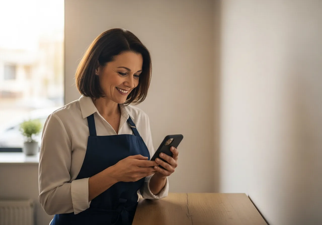 Mujer con delantal sonríe mientras responde una consulta desde su teléfono