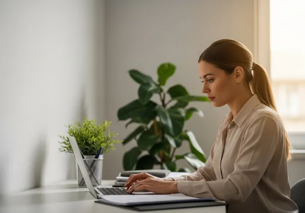 Mujer trabaja en su laptop junto a una planta, en una oficina luminosa